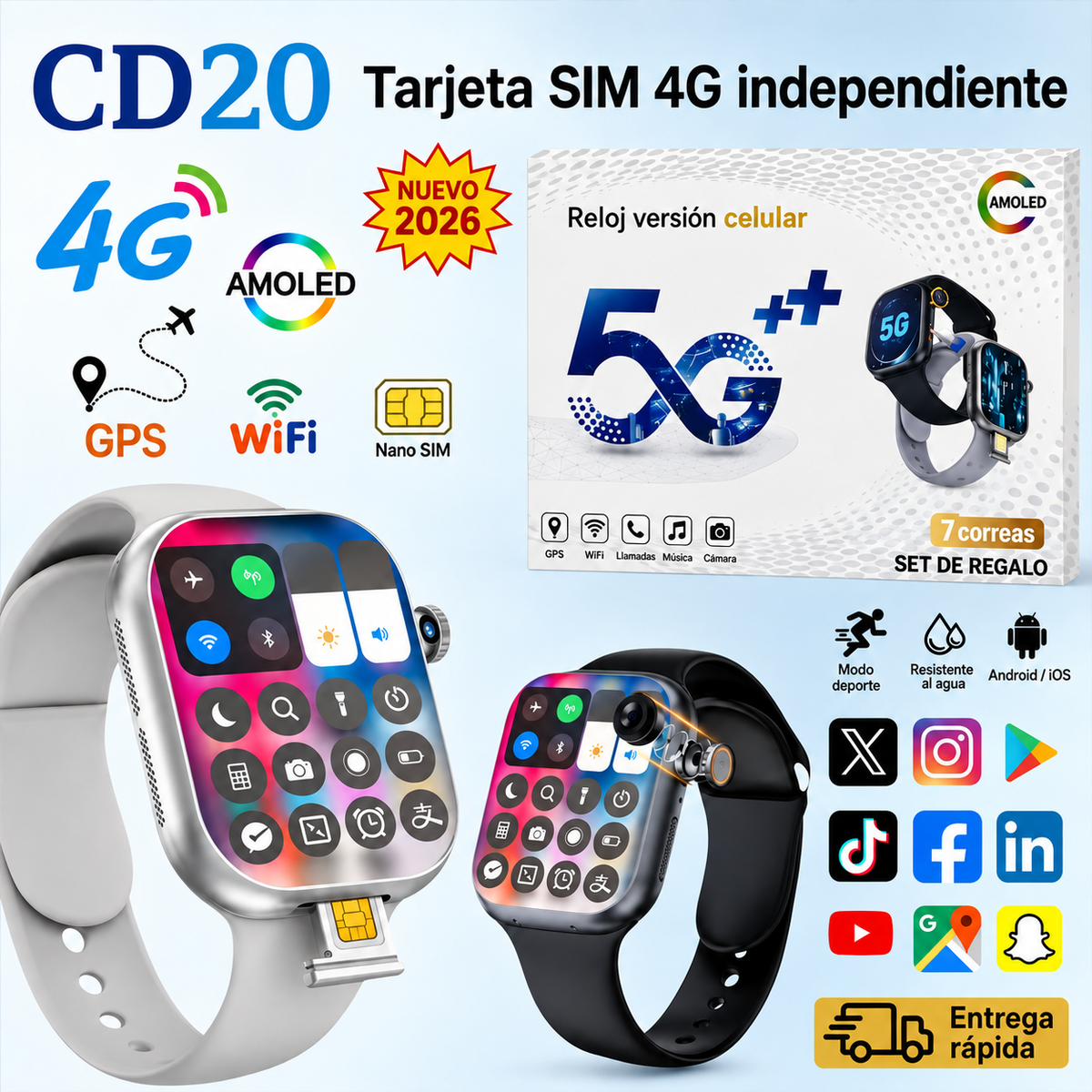 Smartwatch CD20 con ranura SIM para llamadas independientes.